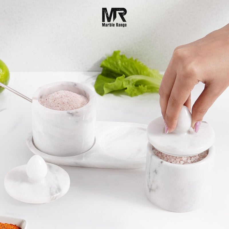 MARBLE RANGE Marble Salt Cellar with Lid and tray 4 Inch White Handmade Salt Container, Set of 2 Seasoning Jars, Spice Storage Containers for Kitchen Countertop, Sugar Bowl - Image 3